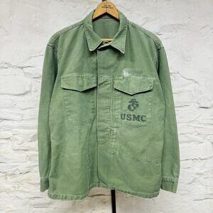 Vintage 60s USMC P56 OG-107 Utility Button Up Shirt Mens Large Military Stencil